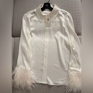 Ramy Brook Elegant Ivory Feather-Trimmed Blouse.  NWT, size M.